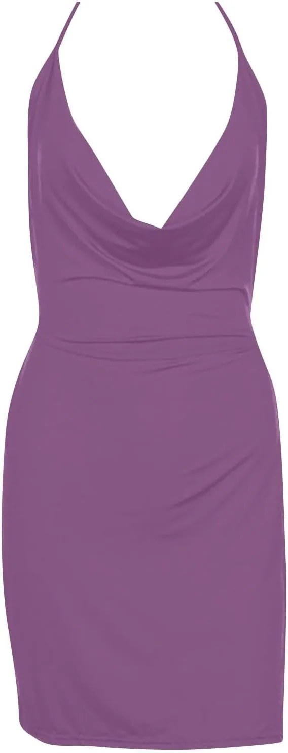 Sexy Halter Mini Dress for Women Deep V Neck Backless High Slit Club Dress Summer Party Bodycon Ruched Dresses
