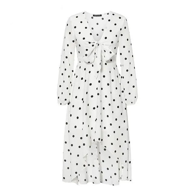 Sexy Polka Dot Elegant Half Sleeve Bow Knot Flowy Sundress Daily Midi Dress