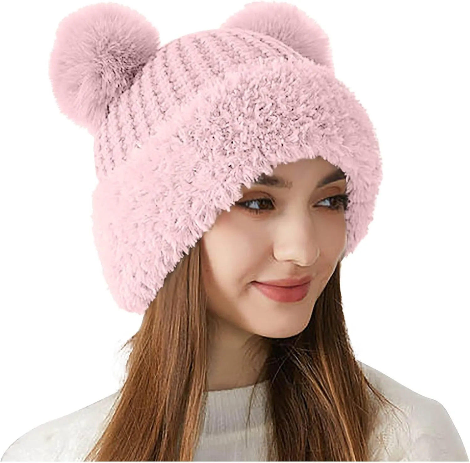 Slouchy Beanie Hats Women Fleece Chunky Knitted Fashion Outdoor Thicken Winter Hats Skull Ski Cap with Faux Fur Pom Pom