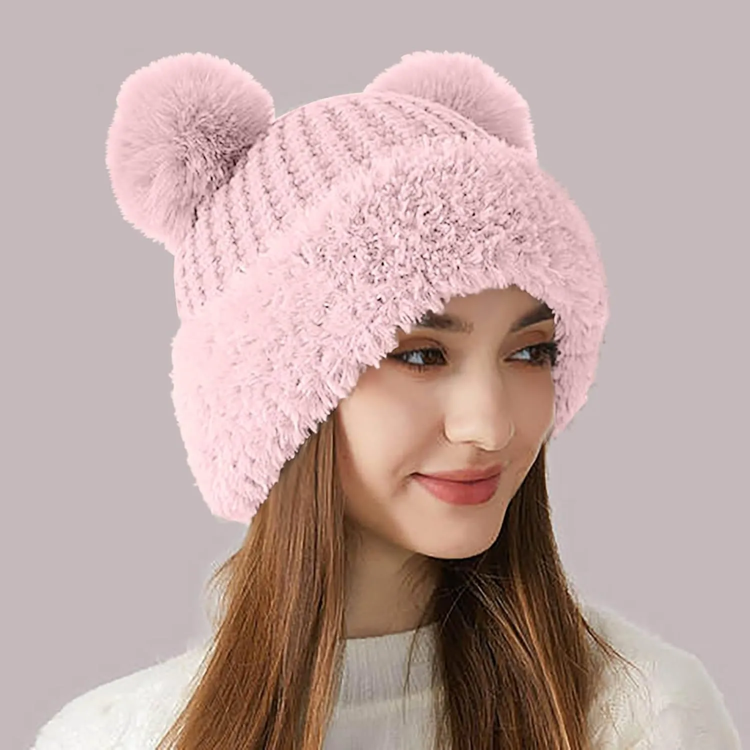Slouchy Beanie Hats Women Fleece Chunky Knitted Fashion Outdoor Thicken Winter Hats Skull Ski Cap with Faux Fur Pom Pom