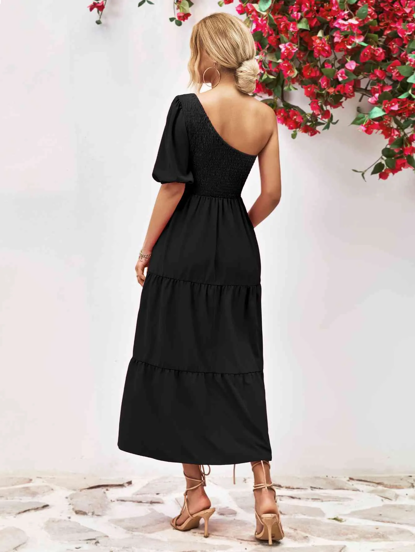 Smocked One-Shoulder Midi Dress