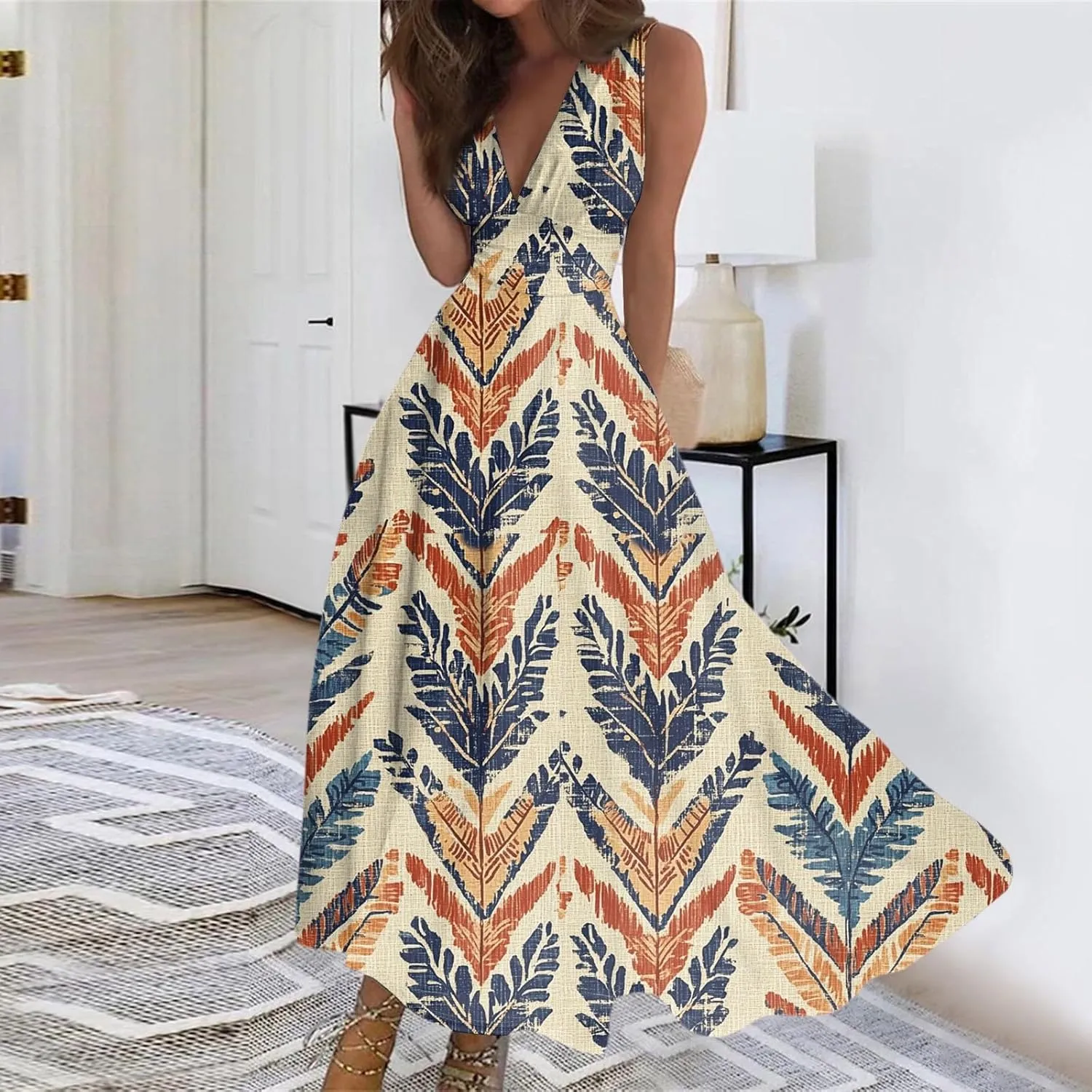 Spring Womens Dresses, Beach 2025 Vacation V-Neck Floral Bohemian Long Sundress