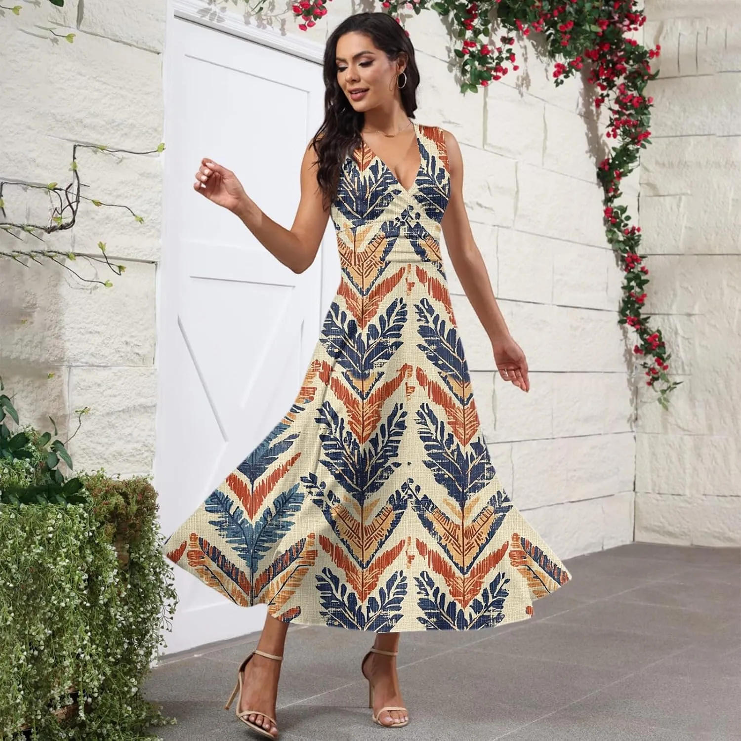 Spring Womens Dresses, Beach 2025 Vacation V-Neck Floral Bohemian Long Sundress