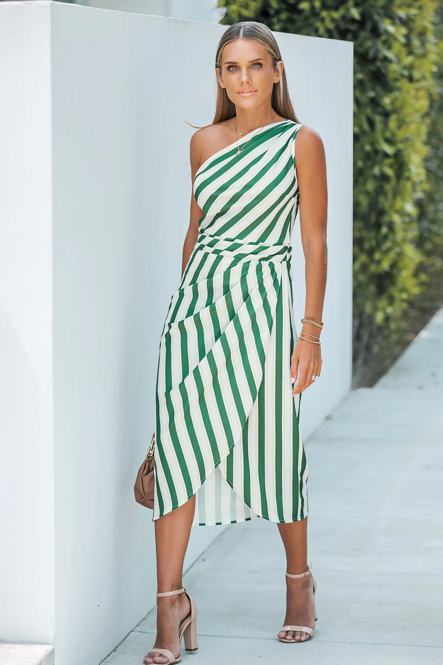 Striped One-Shoulder Ruched Midi Dress