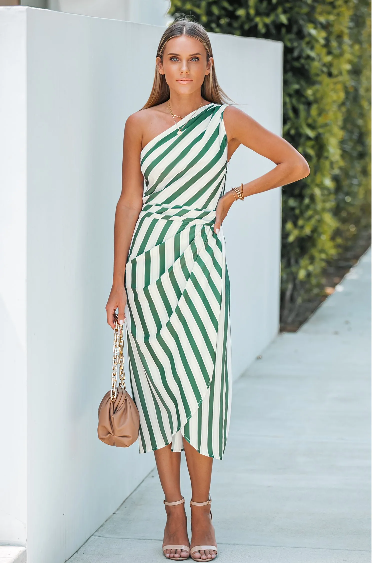 Striped One-Shoulder Ruched Midi Dress