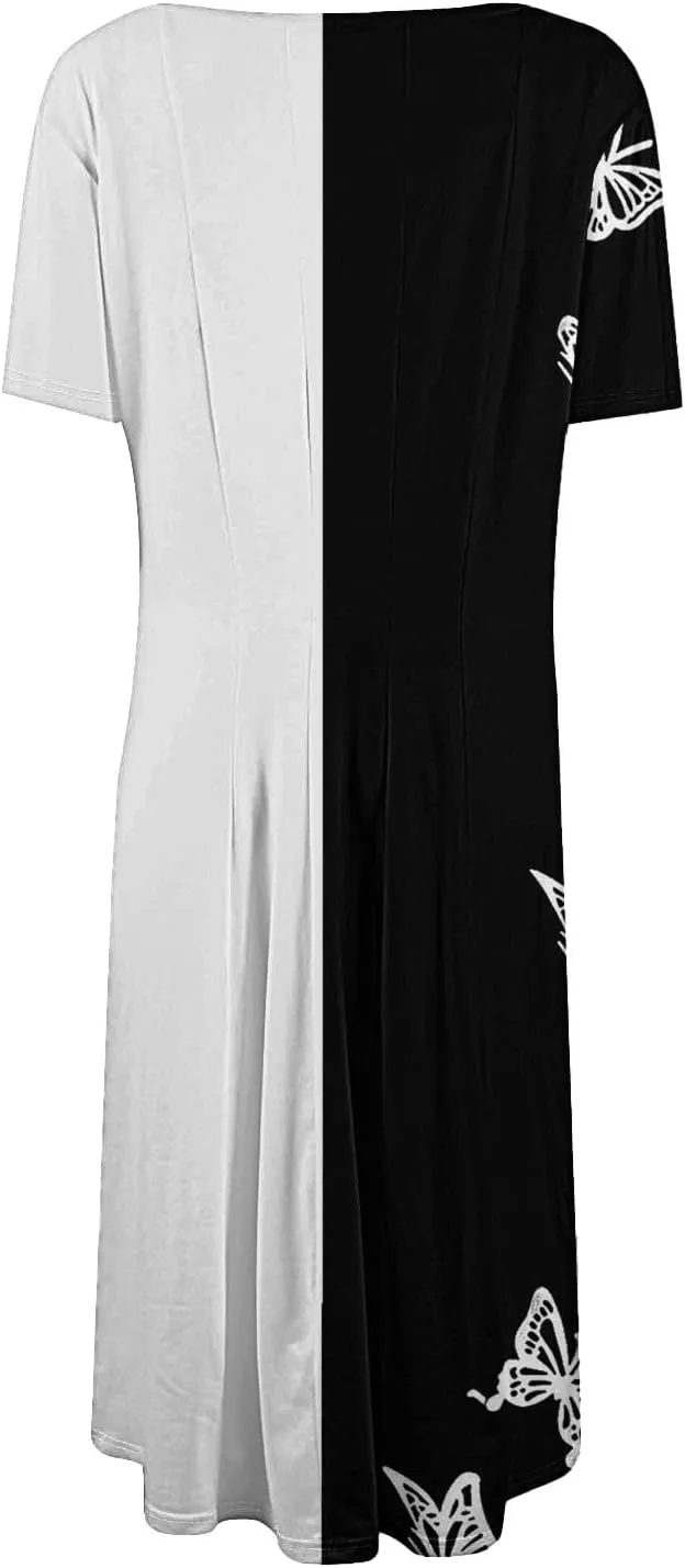 Summer Dresses for Women 2025 Midi Short Sleeve Round Neck Dresses Elegant Pleated with Side Pocket A Line Dress