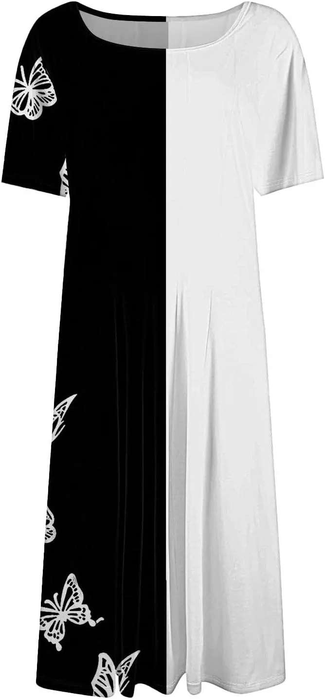 Summer Dresses for Women 2025 Midi Short Sleeve Round Neck Dresses Elegant Pleated with Side Pocket A Line Dress