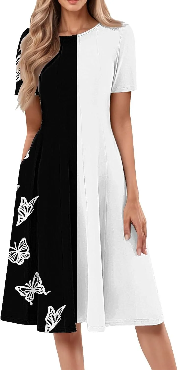 Summer Dresses for Women 2025 Midi Short Sleeve Round Neck Dresses Elegant Pleated with Side Pocket A Line Dress