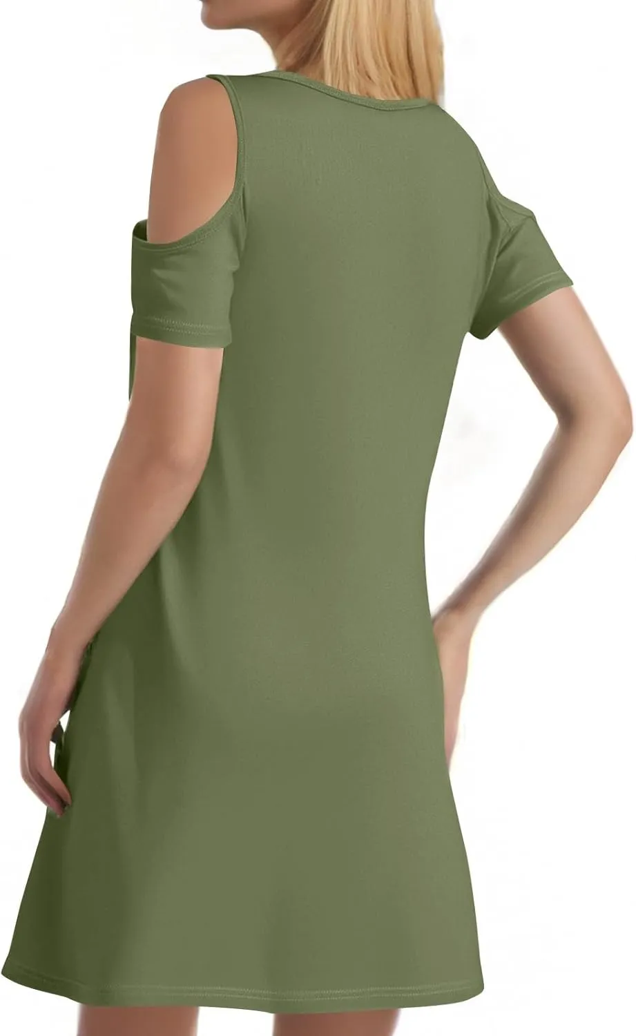 Summer Dresses for Women 2025 Scoop Neck Cold Shoulder Short Sleeve Mini Dress Casual Short Sundress with Pocket