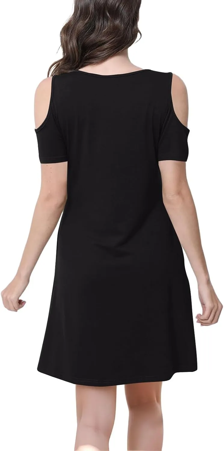 Summer Dresses for Women 2025 Scoop Neck Cold Shoulder Short Sleeve Mini Dress Casual Short Sundress with Pocket