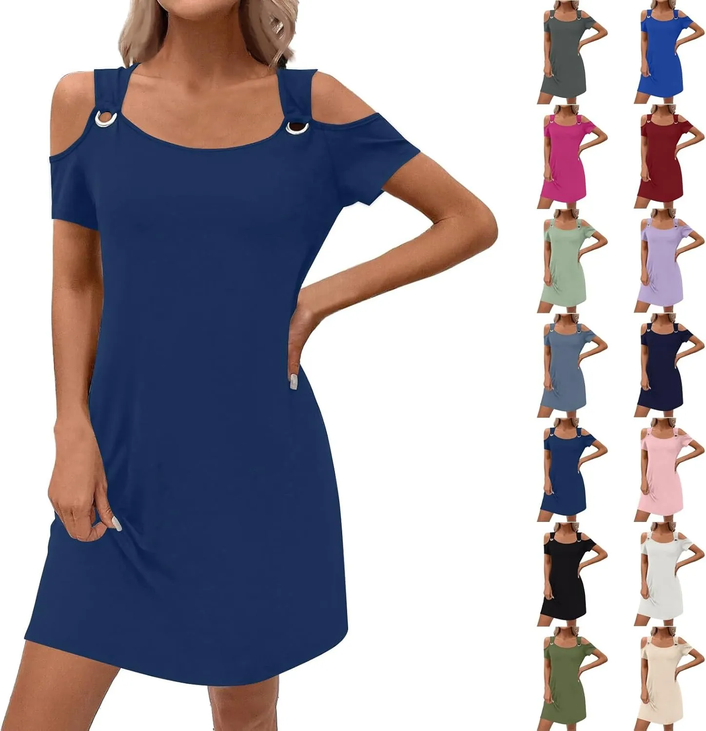Summer Dresses for Women 2025 Scoop Neck Cold Shoulder Short Sleeve Mini Dress Casual Short Sundress with Pocket