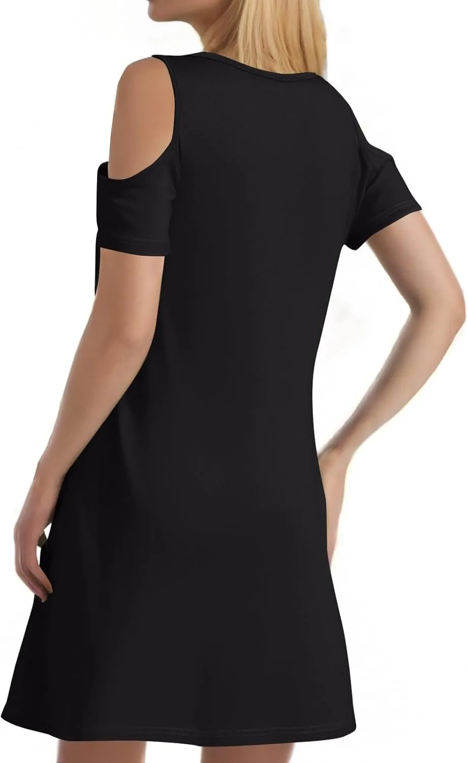 Summer Dresses for Women 2025 Scoop Neck Cold Shoulder Short Sleeve Mini Dress Casual Short Sundress with Pocket