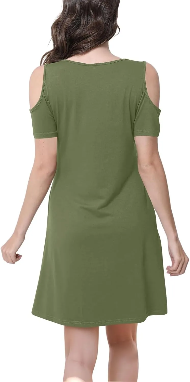 Summer Dresses for Women 2025 Scoop Neck Cold Shoulder Short Sleeve Mini Dress Casual Short Sundress with Pocket