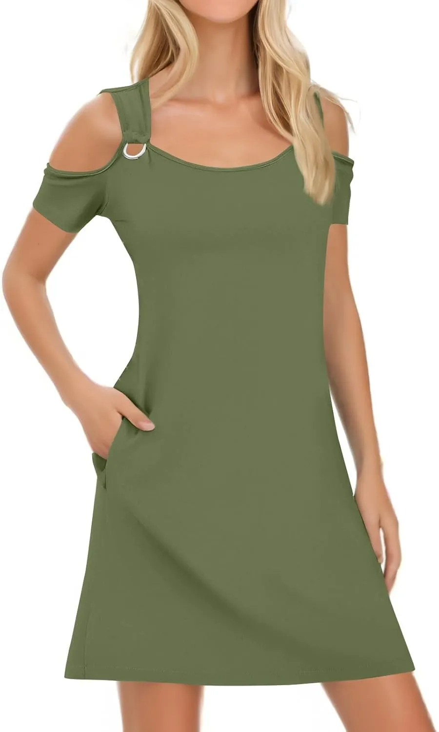 Summer Dresses for Women 2025 Scoop Neck Cold Shoulder Short Sleeve Mini Dress Casual Short Sundress with Pocket