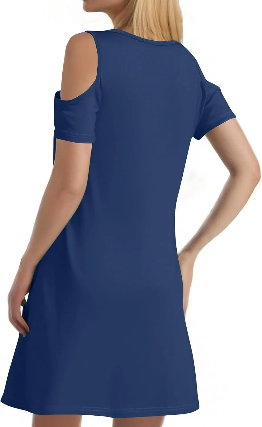 Summer Dresses for Women 2025 Scoop Neck Cold Shoulder Short Sleeve Mini Dress Casual Short Sundress with Pocket