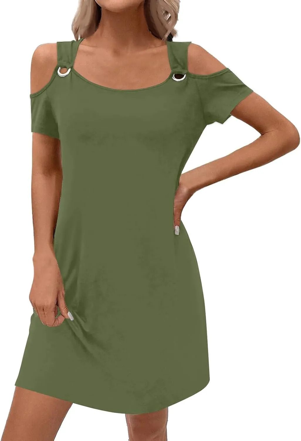 Summer Dresses for Women 2025 Scoop Neck Cold Shoulder Short Sleeve Mini Dress Casual Short Sundress with Pocket