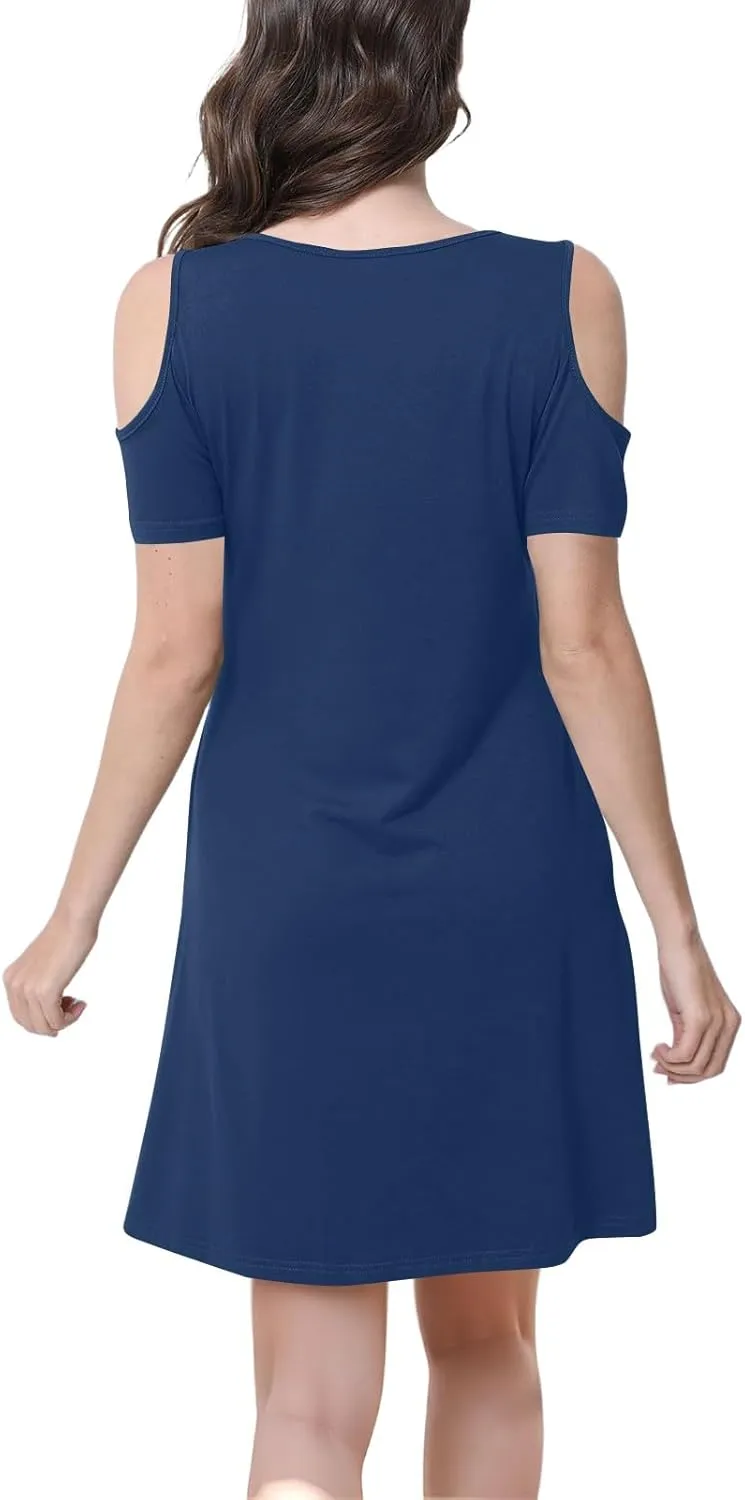 Summer Dresses for Women 2025 Scoop Neck Cold Shoulder Short Sleeve Mini Dress Casual Short Sundress with Pocket