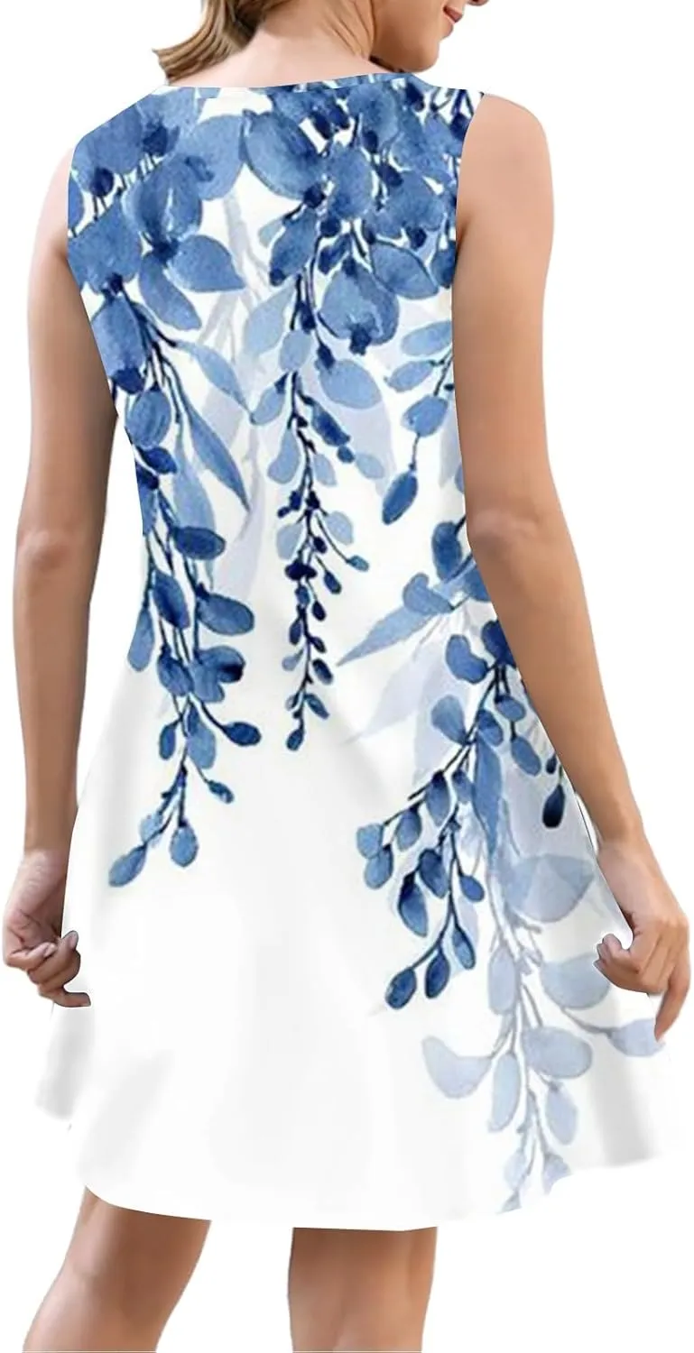Summer Dresses for Women 2025 Sleeveless Beach Vacation Dress Casual V Neck Sundress Loose Tank Dress with Pockets