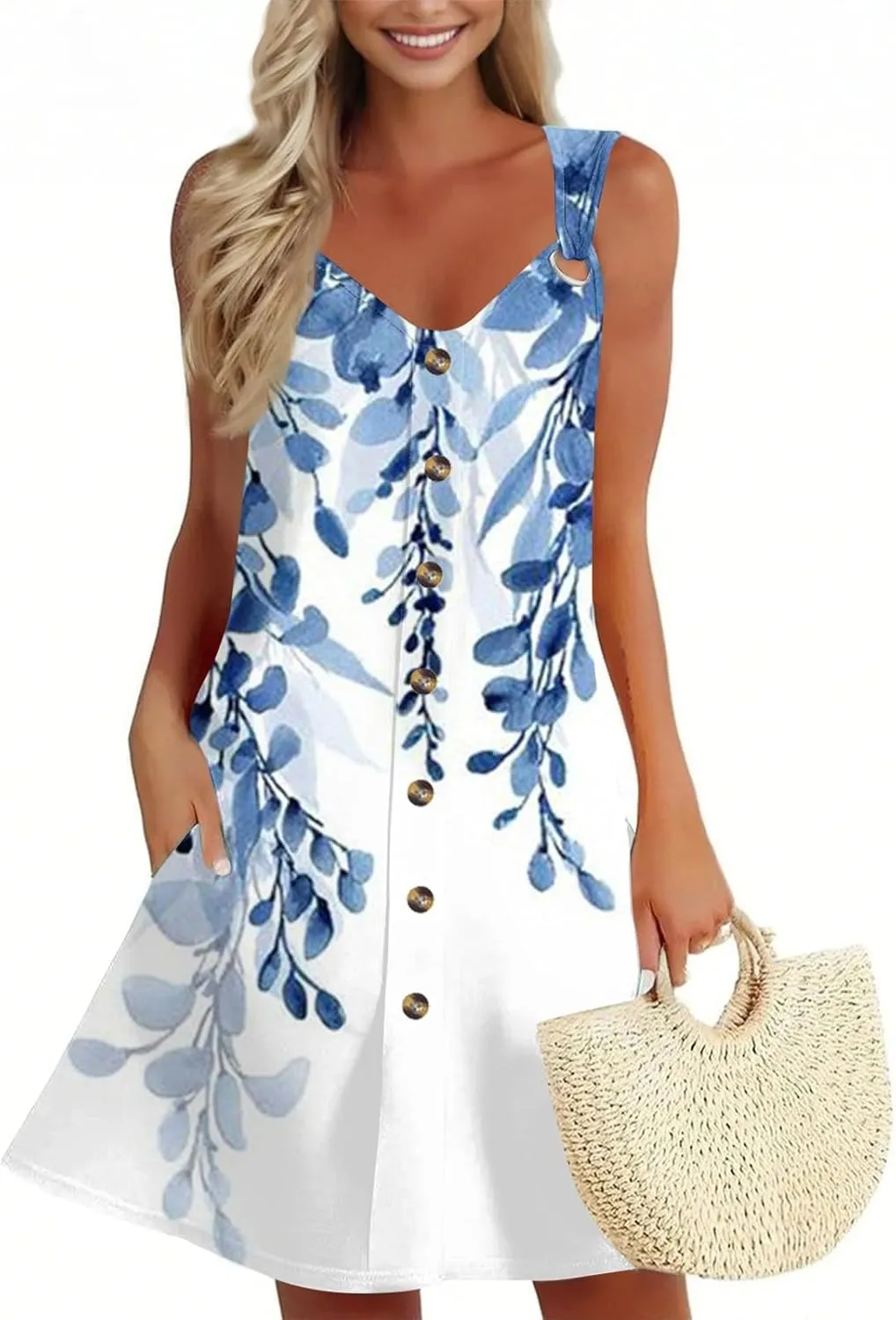Summer Dresses for Women 2025 Sleeveless Beach Vacation Dress Casual V Neck Sundress Loose Tank Dress with Pockets