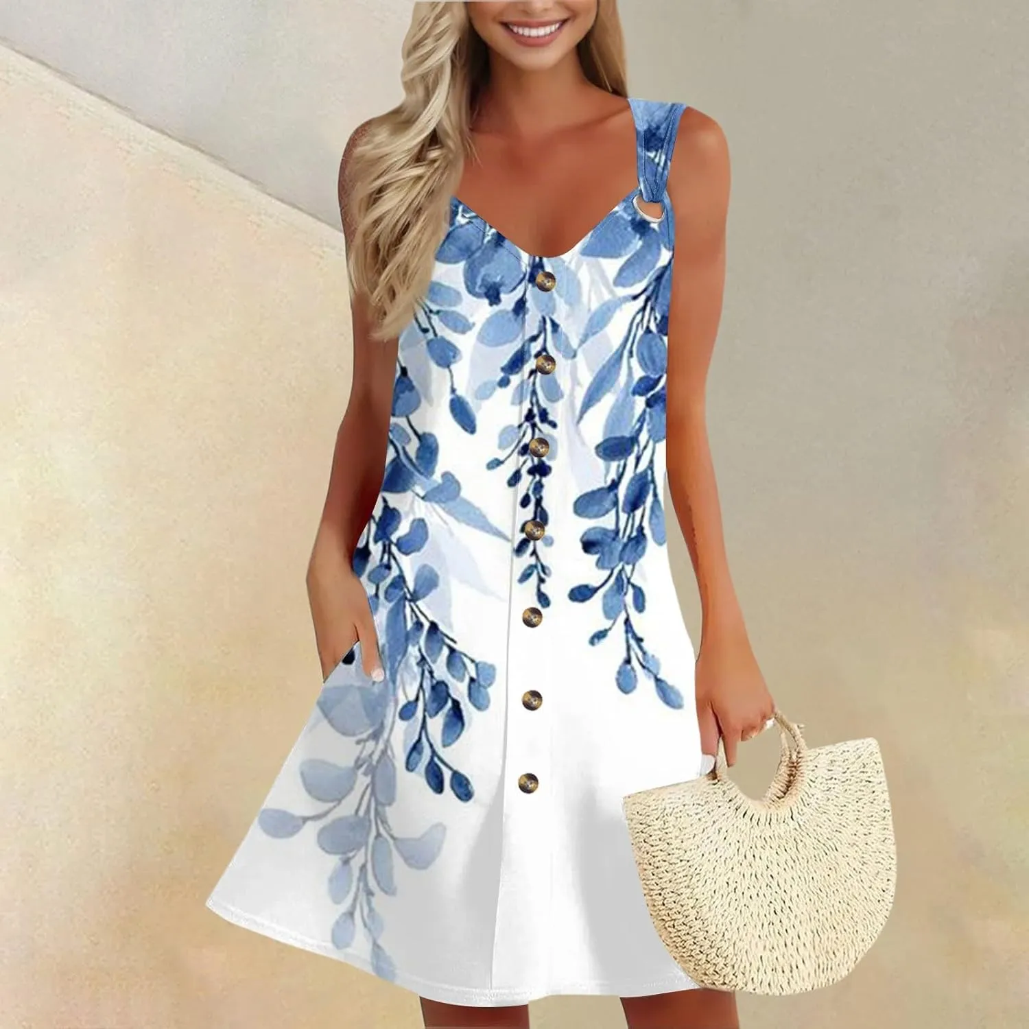 Summer Dresses for Women 2025 Sleeveless Beach Vacation Dress Casual V Neck Sundress Loose Tank Dress with Pockets