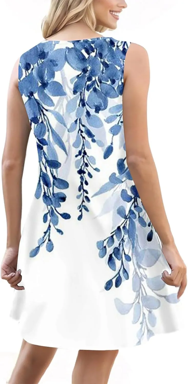Summer Dresses for Women 2025 Sleeveless Beach Vacation Dress Casual V Neck Sundress Loose Tank Dress with Pockets