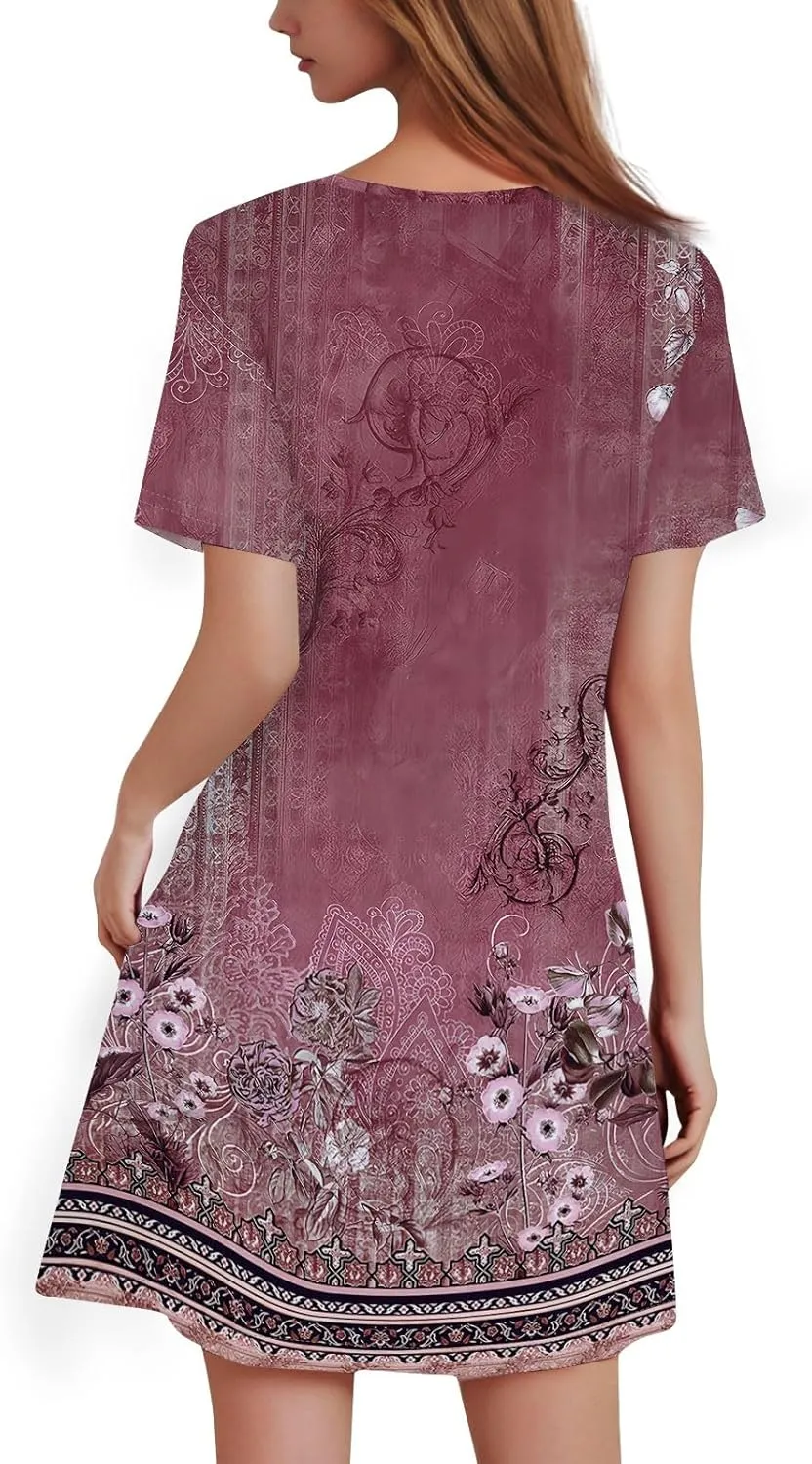 Summer Dresses for Women Causal Floral Plisse Mini Dress Sexy Keyhole Neck Empire Waist Short Sleeve Distressed Sundress