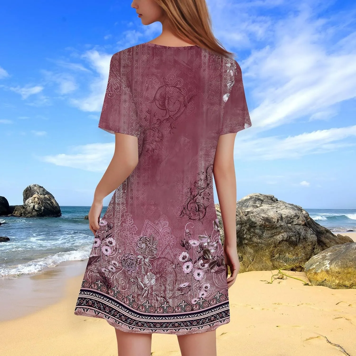 Summer Dresses for Women Causal Floral Plisse Mini Dress Sexy Keyhole Neck Empire Waist Short Sleeve Distressed Sundress
