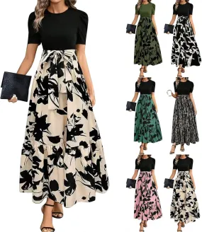 Summer Dresses for Women Puff Sleeve Flowy Floral Dress Casual Maxi Dress with Belt Elegant Sundress Long Dresses