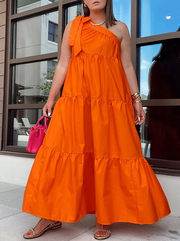Summer One Shoulder Dress Sundress Women Pleated Party Long Maxi Dresses