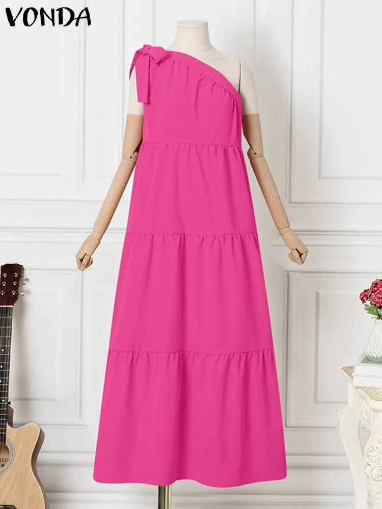 Summer One Shoulder Dress Sundress Women Pleated Party Long Maxi Dresses