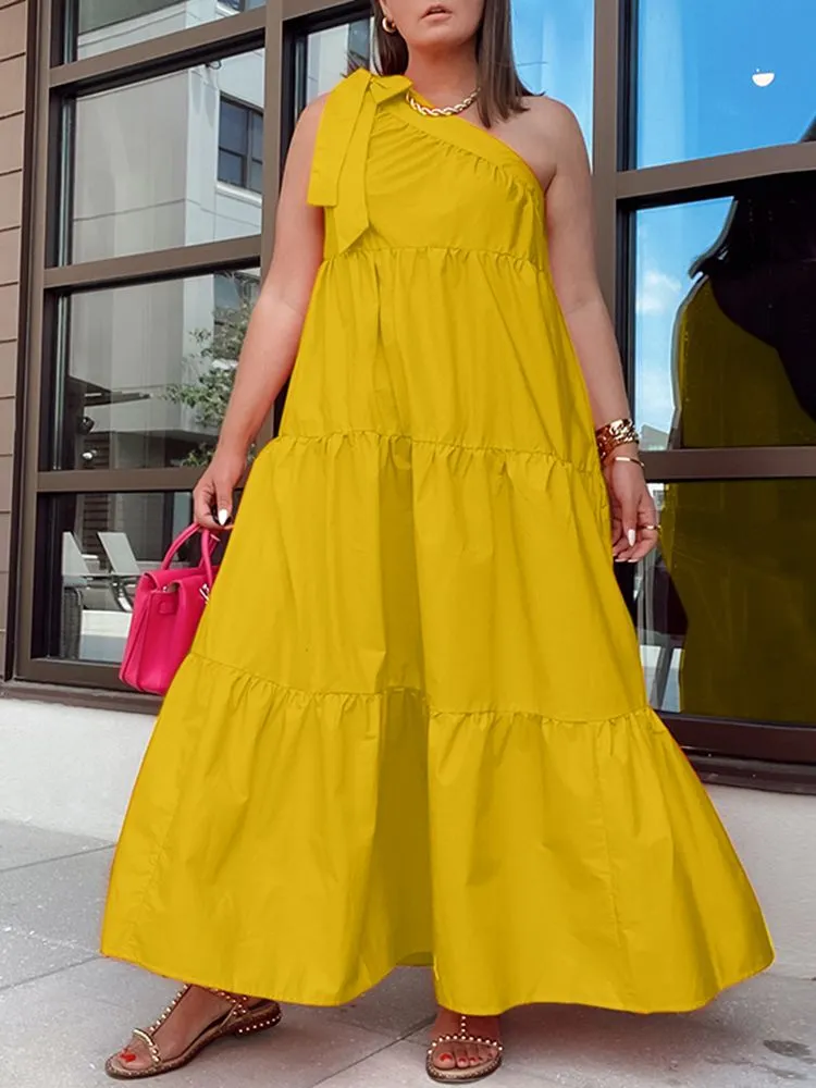 Summer One Shoulder Dress Sundress Women Pleated Party Long Maxi Dresses