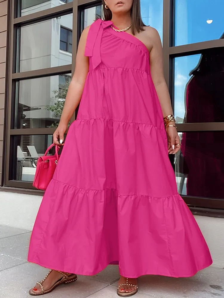 Summer One Shoulder Dress Sundress Women Pleated Party Long Maxi Dresses
