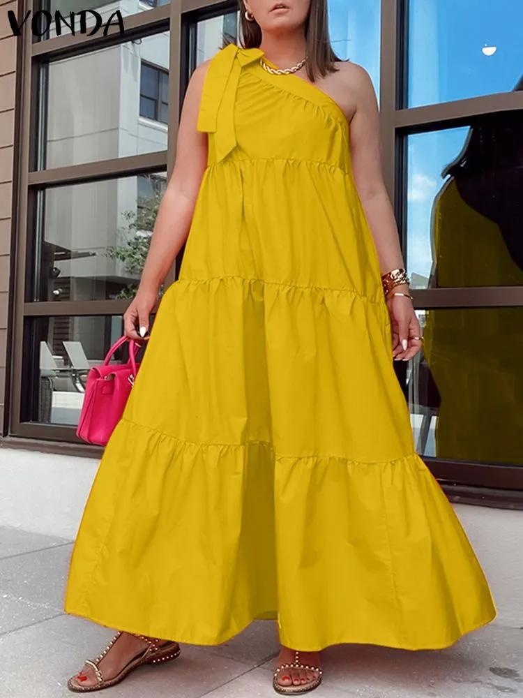 Summer One Shoulder Dress Sundress Women Pleated Party Long Maxi Dresses