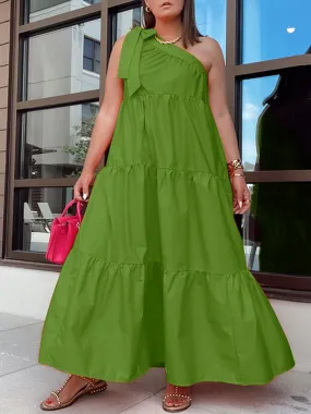 Summer One Shoulder Dress Sundress Women Pleated Party Long Maxi Dresses