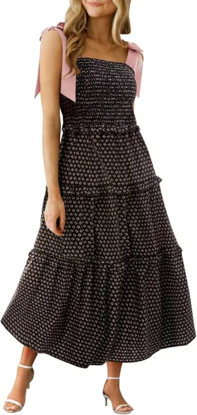Wenrine Womens Summer Floral Maxi Dress Smocked Tie Shoulder Boho Sleeveless Ruffle Tiered Casual Beach Dresses