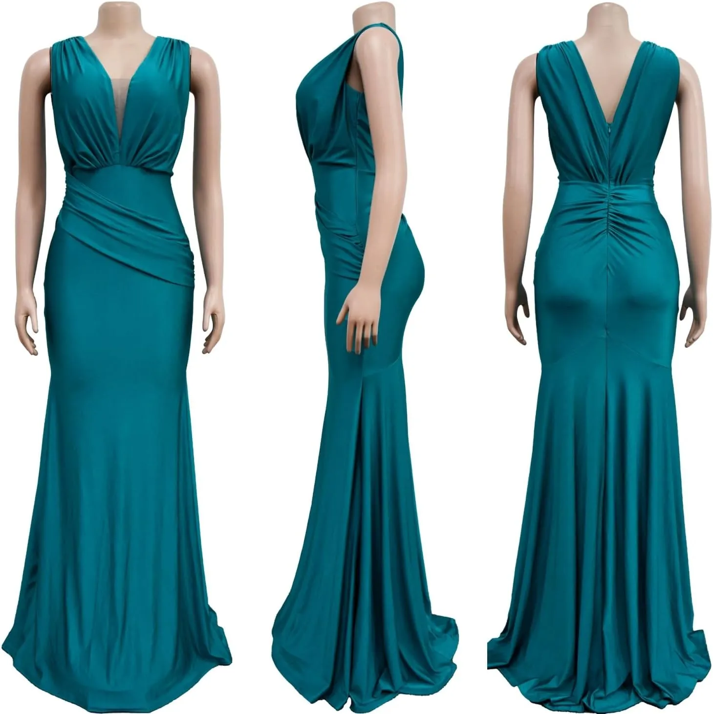 Women Sexy V Neck Wedding Guest Maxi Dress Sleeveless Flowy Ruffle Hem Bodycon Formal Evening Party Cocktail Gowns