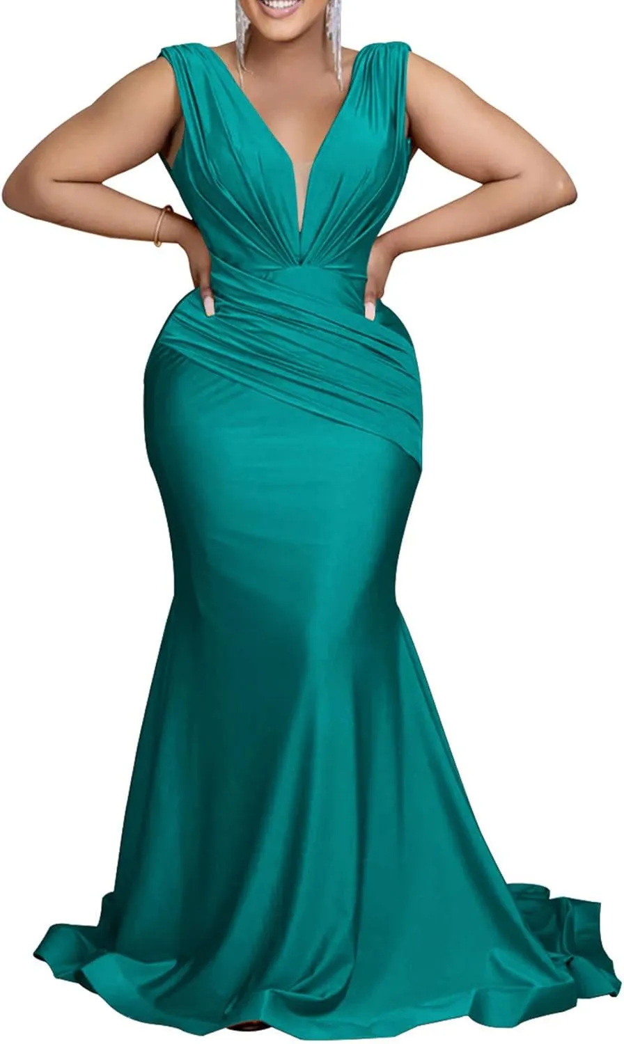 Women Sexy V Neck Wedding Guest Maxi Dress Sleeveless Flowy Ruffle Hem Bodycon Formal Evening Party Cocktail Gowns