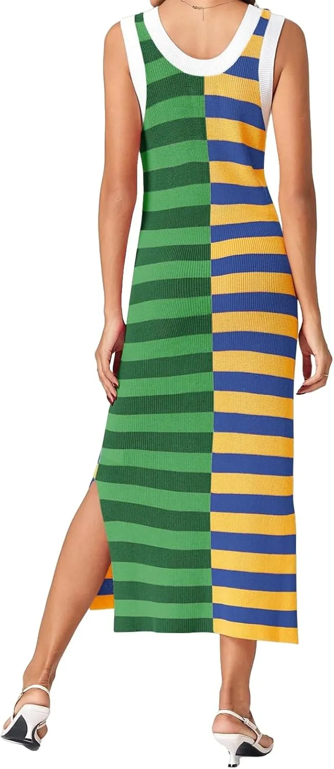 Women Striped Knit Tank Dress Casual Scoop Neck Sleeveless Split Ribbed Maxi Dresses Color Block Long Dress
