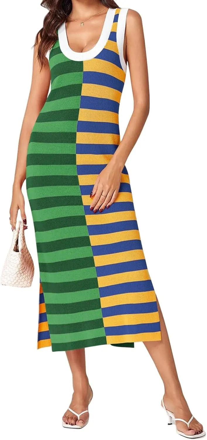 Women Striped Knit Tank Dress Casual Scoop Neck Sleeveless Split Ribbed Maxi Dresses Color Block Long Dress