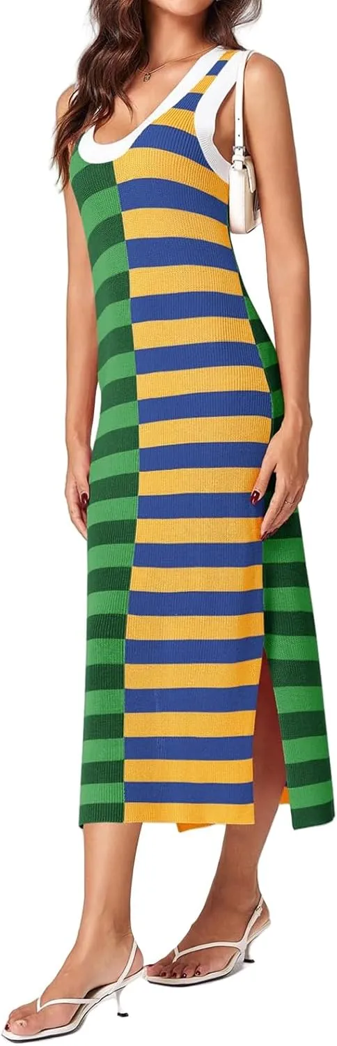 Women Striped Knit Tank Dress Casual Scoop Neck Sleeveless Split Ribbed Maxi Dresses Color Block Long Dress