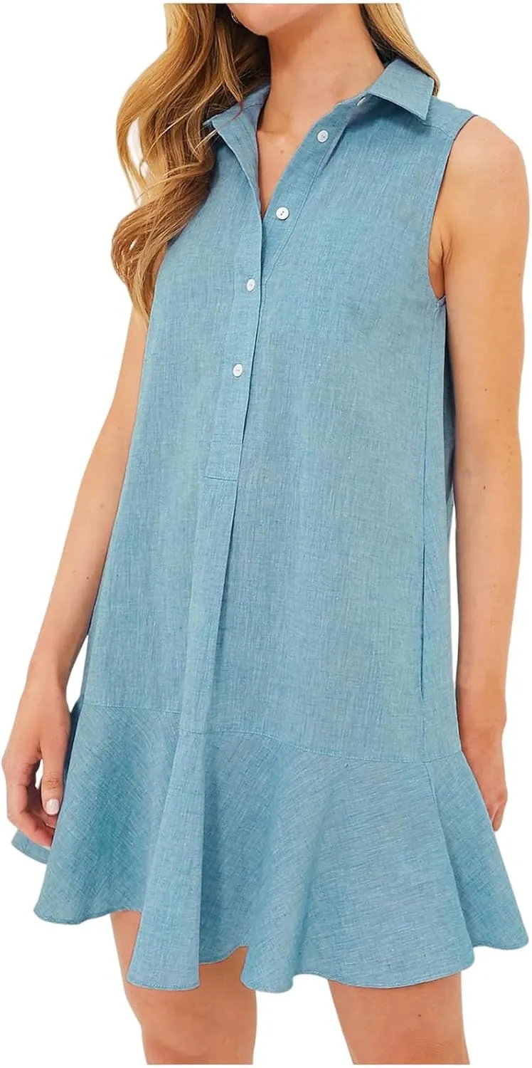 Womens 2025 Summer Sleeveless Shirt Dress Cotton Linen Button Down Ruffle Hem Mini Dresses Loose Flowy Swing Dresses