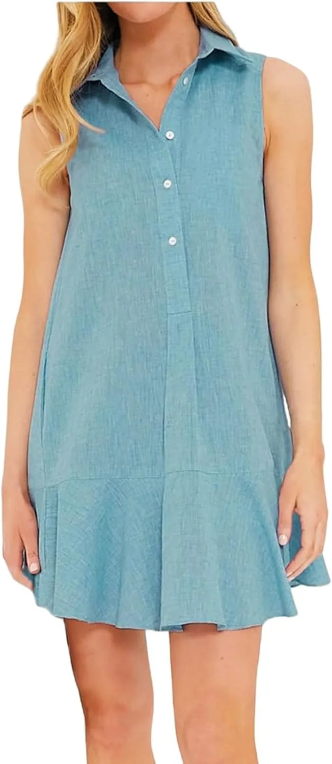 Womens 2025 Summer Sleeveless Shirt Dress Cotton Linen Button Down Ruffle Hem Mini Dresses Loose Flowy Swing Dresses
