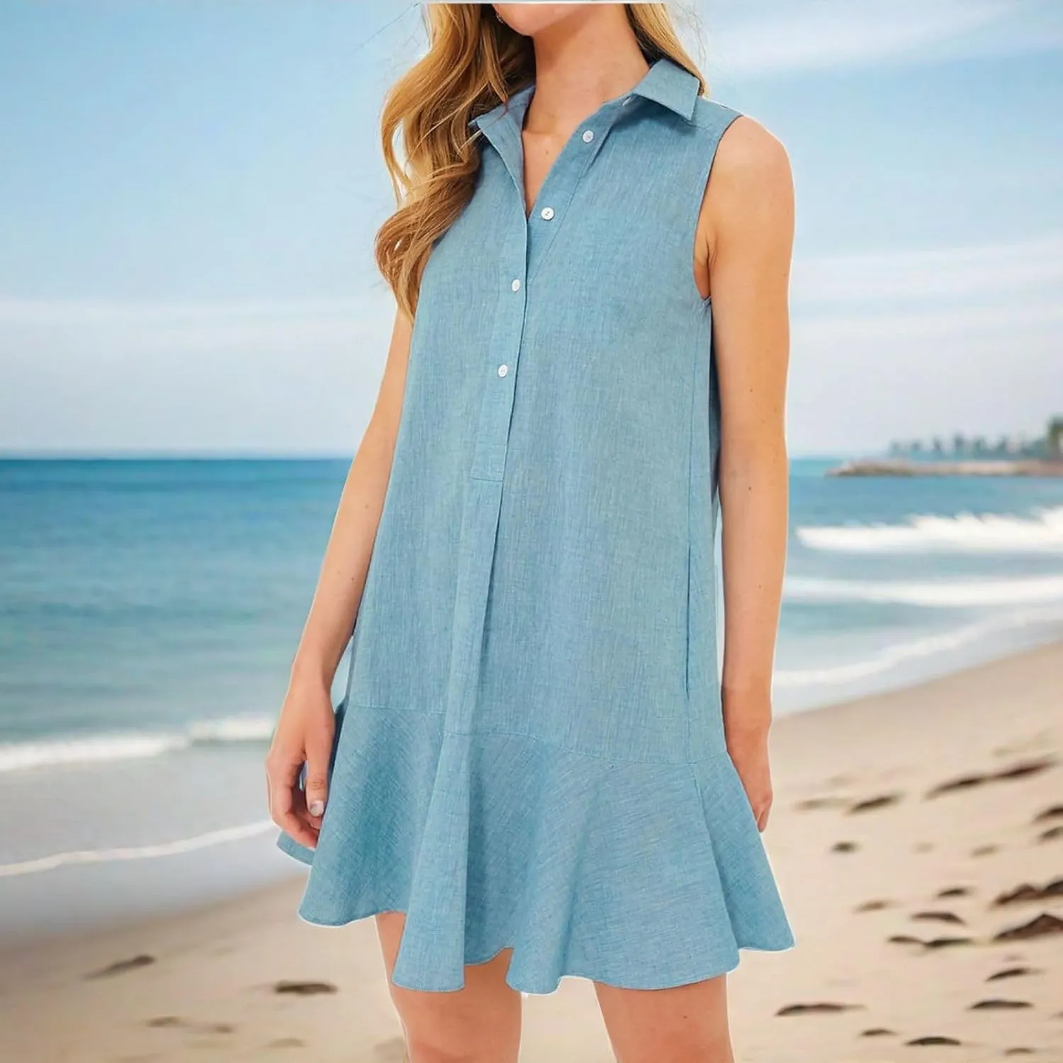 Womens 2025 Summer Sleeveless Shirt Dress Cotton Linen Button Down Ruffle Hem Mini Dresses Loose Flowy Swing Dresses