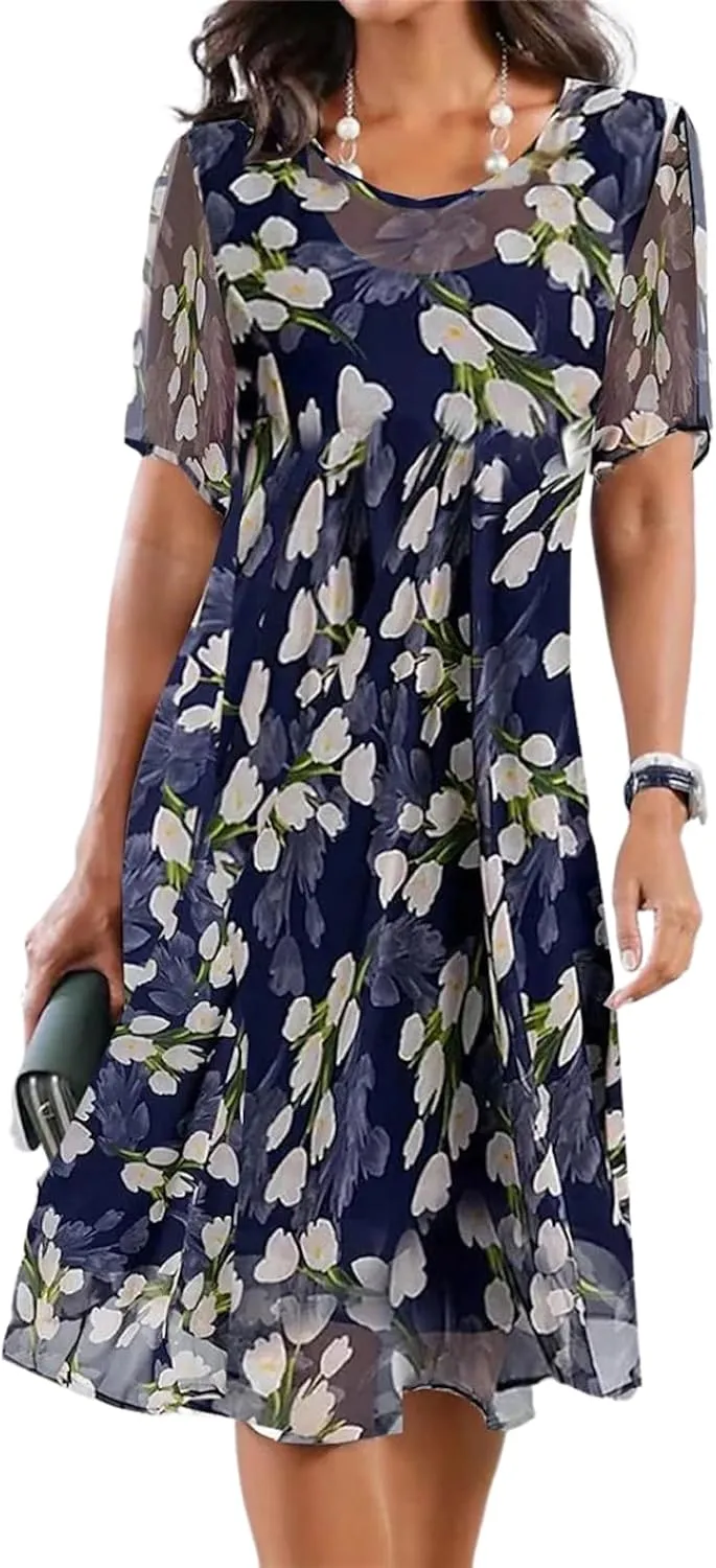 Women's Boho Flowy Short Sleeve Round Neck Floral Midi Dress Shift Tiered Spring Summer Wedding Guest Dresses