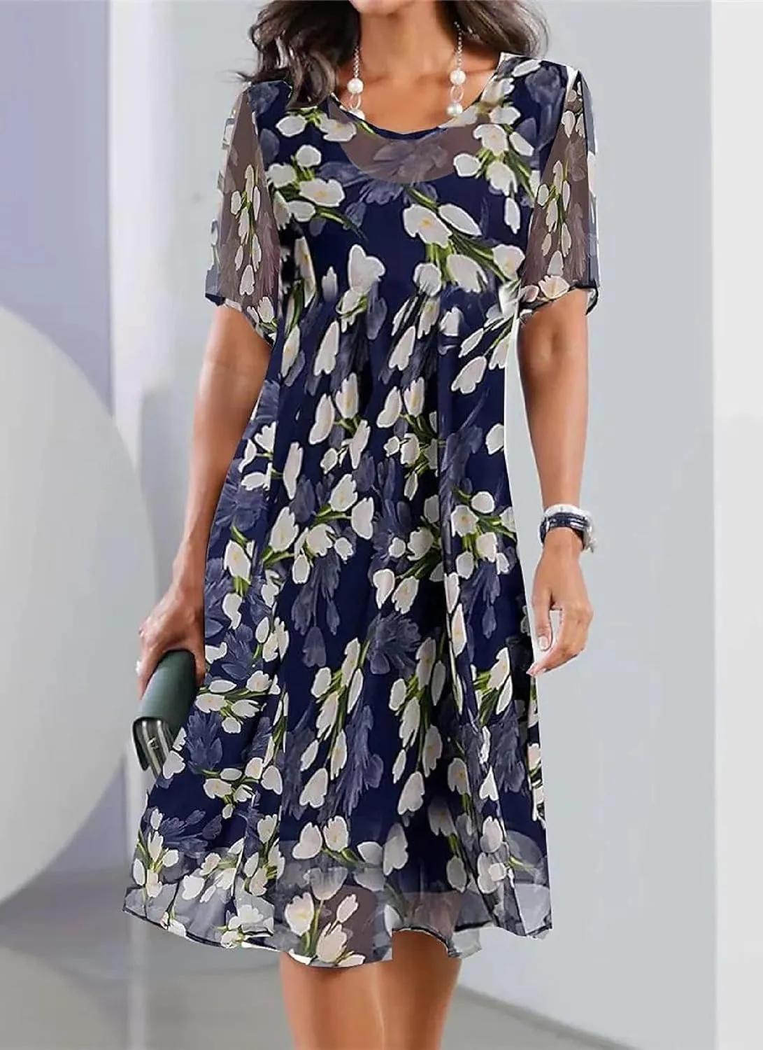 Women's Boho Flowy Short Sleeve Round Neck Floral Midi Dress Shift Tiered Spring Summer Wedding Guest Dresses