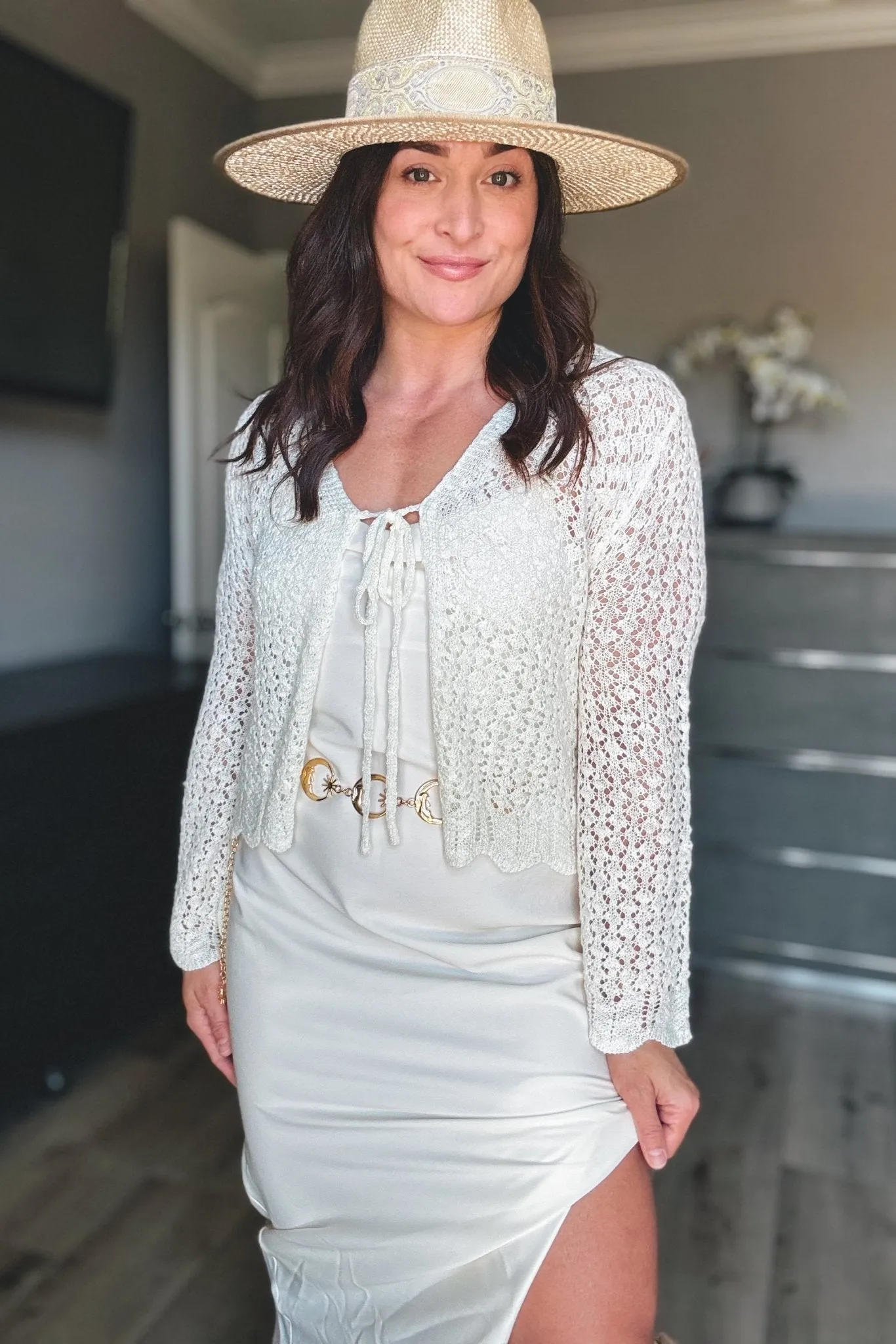Women's Crochet Knit Tie Front Bell Sleeve Cardigan | Cream