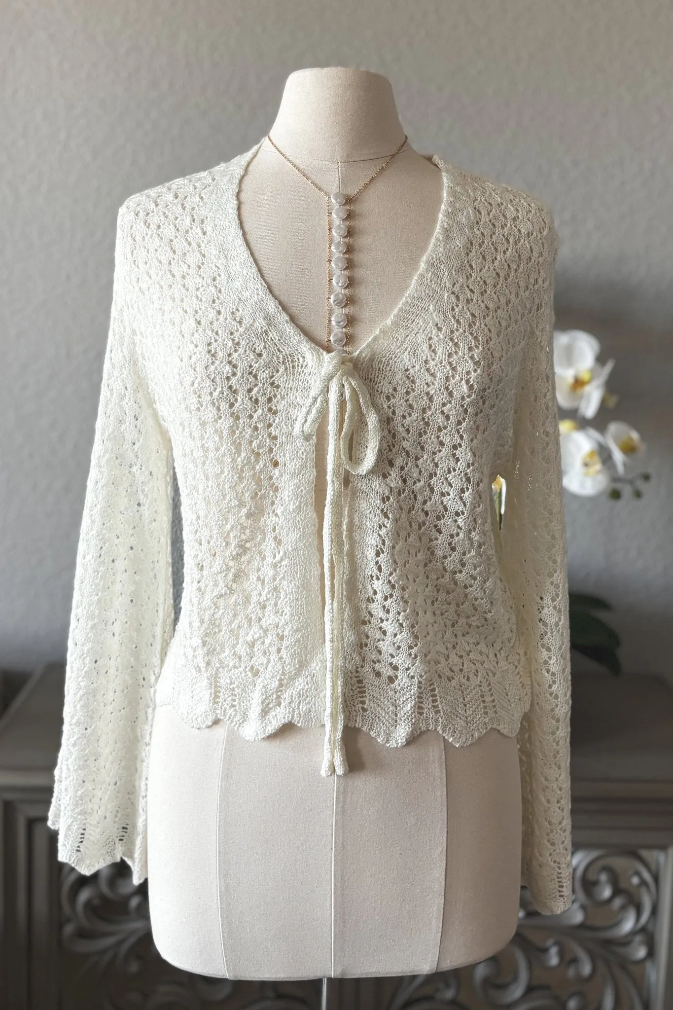 Women's Crochet Knit Tie Front Bell Sleeve Cardigan | Cream