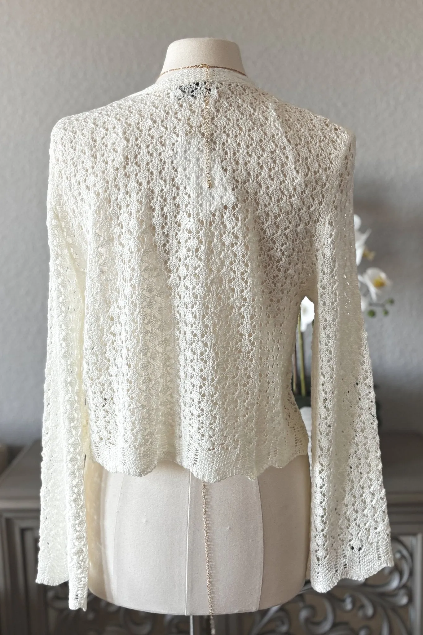 Women's Crochet Knit Tie Front Bell Sleeve Cardigan | Cream