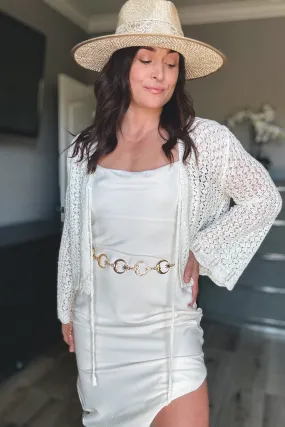 Women's Crochet Knit Tie Front Bell Sleeve Cardigan | Cream