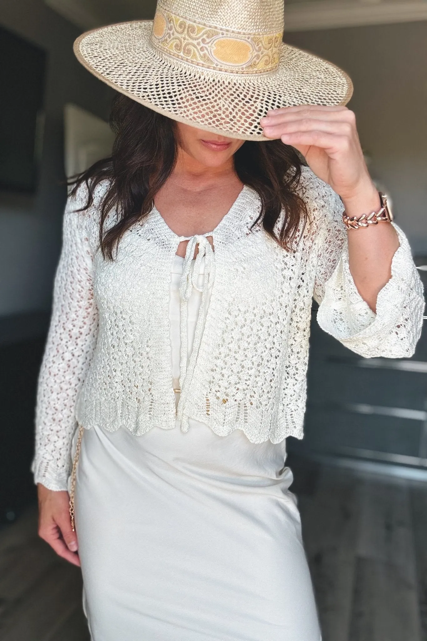 Women's Crochet Knit Tie Front Bell Sleeve Cardigan | Cream
